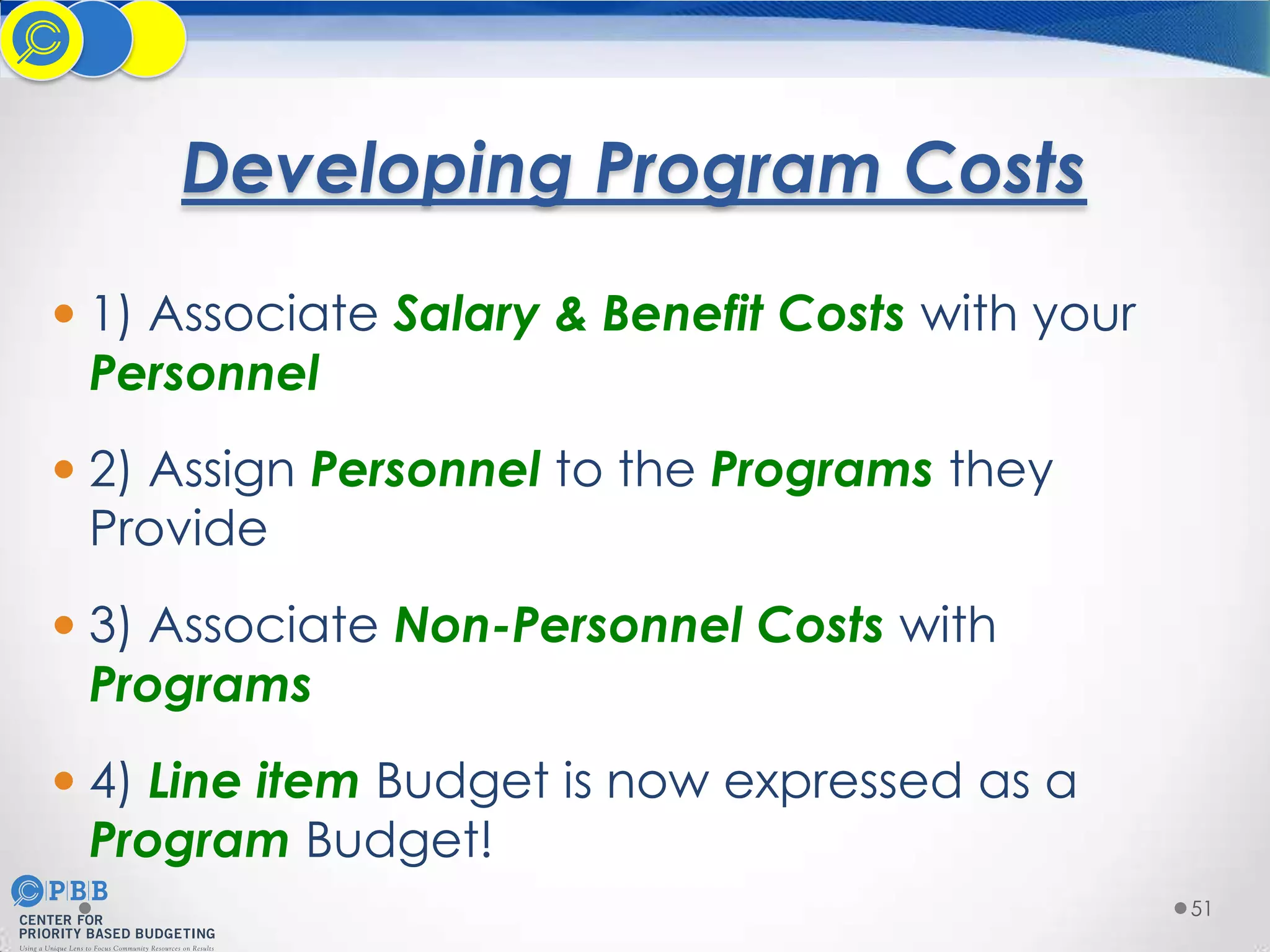 Developing Program Costs
 1) Associate Salary & Benefit Costs with your
Personnel
 2) Assign Personnel to the Programs they

Provide

 3) Associate Non-Personnel Costs with
Programs
 4) Line item Budget is now expressed as a
Program Budget!
51

 