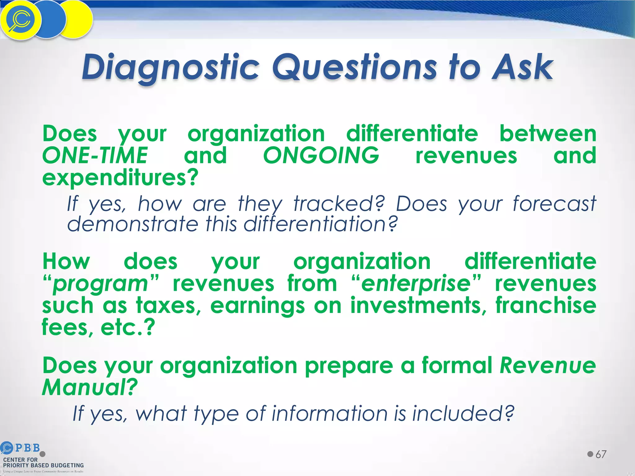 Diagnostic Questions to Ask
Does your organization differentiate between
ONE-TIME
and
ONGOING
revenues
and
expenditures?
If yes, how are they tracked? Does your forecast
demonstrate this differentiation?

How does your organization differentiate
“program” revenues from “enterprise” revenues
such as taxes, earnings on investments, franchise
fees, etc.?
Does your organization prepare a formal Revenue
Manual?
If yes, what type of information is included?

67

 