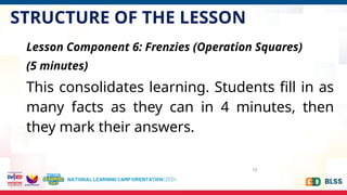 STRUCTURE OF THE LESSON
10
Lesson Component 6: Frenzies (Operation Squares)
(5 minutes)
This consolidates learning. Students fill in as
many facts as they can in 4 minutes, then
they mark their answers.
 