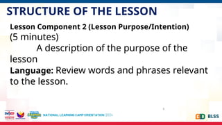 STRUCTURE OF THE LESSON
6
Lesson Component 2 (Lesson Purpose/Intention)
(5 minutes)
A description of the purpose of the
lesson
Language: Review words and phrases relevant
to the lesson.
 