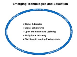 Emerging Technologies and Education
                          PARTICAPTION




                Digital Literacies
                Digital Scholarship




                                                     CREATION
SHARING




                Open and Networked Learning
                 Ubiquitous Learning
                Distributed Learning Environments
 