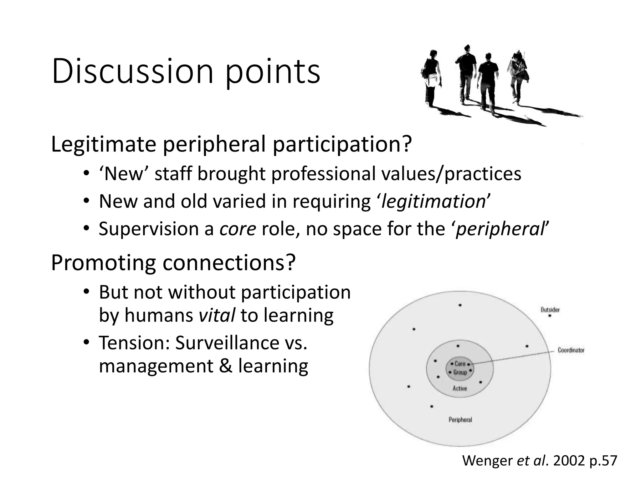 Discussion points
Legitimate peripheral participation?
• ‘New’ staff brought professional values/practices
• New and old varied in requiring ‘legitimation’
• Supervision a core role, no space for the ‘peripheral’
Promoting connections?
• But not without participation
by humans vital to learning
• Tension: Surveillance vs.
management & learning
Wenger et al. 2002 p.57
 
