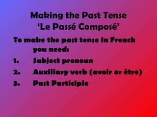 Making the Past Tense
‘Le Passé Composé’
To make the past tense in French
you need:
1. Subject pronoun
2. Auxiliary verb (avoir or être)
3. Past Participle
 