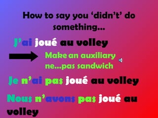 How to say you ‘didn’t’ do
something…
J’ai joué au volley
Make an auxiliary
ne…pas sandwich
Je n’ai pas joué au volley
Nous n’avons pas joué au
volley
 