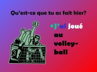 •J’ai joué
au
volley-
ball
Qu’est-ce que tu as fait hier?
 