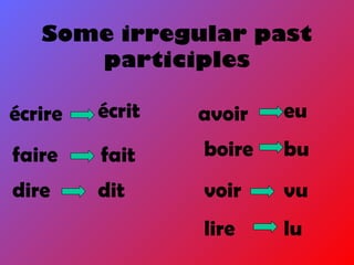 Some irregular past
participles
écrire écrit
faire fait
dire dit
avoir eu
boire bu
lire lu
voir vu
 