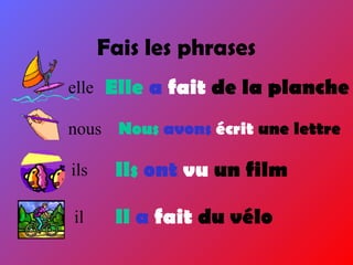 Fais les phrases
elle Elle a fait de la planche
nous Nous avons écrit une lettre
ils Ils ont vu un film
il Il a fait du vélo
 