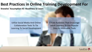 Create Activities That Encourage
Adult Learners To Use Popular
Sites As Invaluable Tools
Utilize Social Media And Online
Collaboration Tools To Tie
Learning To Social Development
Best Practices in Online Training Development For
Knowles’ Assumption #3 -Readiness to Learn
 