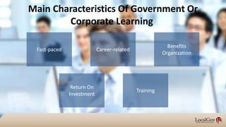Main Characteristics Of Government Or
Corporate Learning
Fast-paced
Return On
Investment
Training
Career-related
Benefits
Organization
 