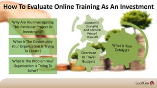How To Evaluate Online Training As An Investment
Why Are You Investigating
This Particular Project Or
Investment?
What Is The Problem Your
Organization Is Trying To
Solve?
What Is The Opportunity
Your Organization Is Trying
To Create? Decrease
In Travel
Budgets
 