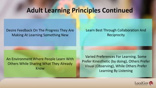 An Environment Where People Learn With
Others While Sharing What They Already
Know
Adult Learning Principles Continued
Desire Feedback On The Progress They Are
Making At Learning Something New
Learn Best Through Collaboration And
Reciprocity
Varied Preferences For Learning. Some
Prefer Kinesthetic (by doing), Others Prefer
Visual (Observing), While Others Prefer
Learning By Listening
 