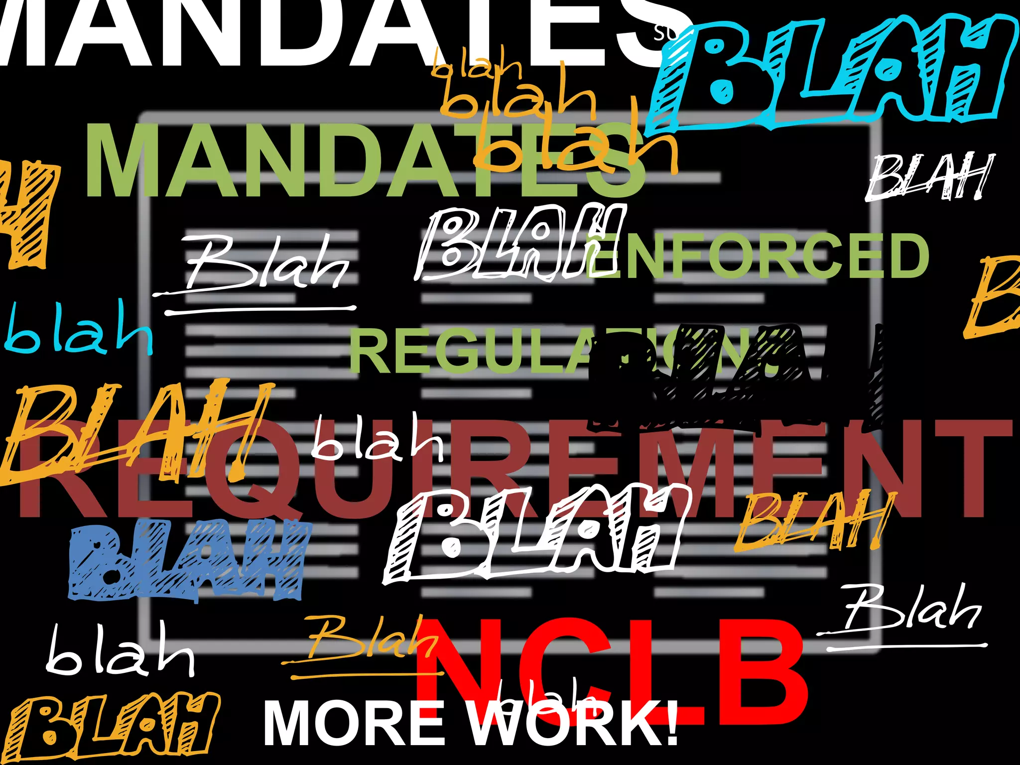 MANDATES    SU




 MANDATES
         ENFORCED
    REGULATIONS

REQUIREMENTS
      NCLB
   MORE WORK!
 