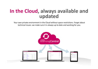 In the Cloud always available andIn the Cloud, always available and 
updatedp
Your own private environment in the Cloud without space restrictions. Forget about 
technical issues: we make sure it is always up to date and working for you.
 