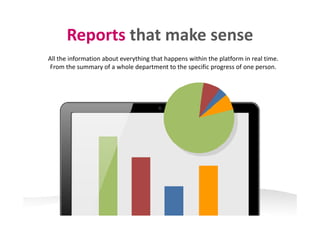 Reports that make senseReports that make sense
All the information about everything that happens within the platform in real time. y g pp p
From the summary of a whole department to the specific progress of one person.
 