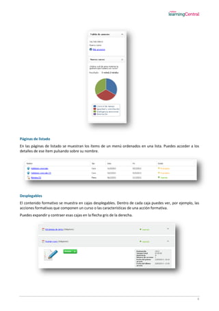 6
Páginas de listado
En las páginas de listado se muestran los ítems de un menú ordenados en una lista. Puedes acceder a los
detalles de ese ítem pulsando sobre su nombre.
Desplegables
El contenido formativo se muestra en cajas desplegables. Dentro de cada caja puedes ver, por ejemplo, las
acciones formativas que componen un curso o las características de una acción formativa.
Puedes expandir y contraer esas cajas en la flecha gris de la derecha.
 