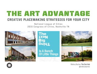 THE ART ADVANTAGE
CREATIVE PLACEMAKING STRATEGIES FOR YOUR CITY
N a t i o n a l L e a g u e o f C i t i e s
2 0 1 5 C o n g r e s s o f C i t i e s , N a s h v i l l e T N
Mallory Baches, The Civic Hub
@mallorybaches
 