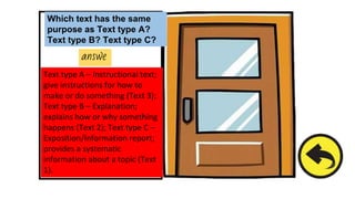 Which text has the same
purpose as Text type A?
Text type B? Text type C?
answe
r
Text type A – Instructional text;
give instructions for how to
make or do something (Text 3);
Text type B – Explanation;
explains how or why something
happens (Text 2); Text type C –
Exposition/Information report;
provides a systematic
information about a topic (Text
1).
 