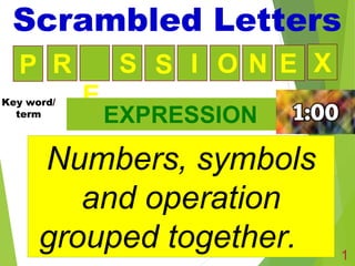1
I O N E
E
S S
Numbers, symbols
and operation
grouped together.
EXPRESSION
Scrambled Letters
Key word/
term
X
R
P
 