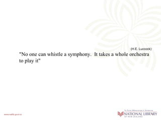 (H.E. Luccock)
"No one can whistle a symphony. It takes a whole orchestra
to play it"
 