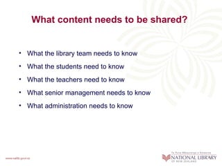 What content needs to be shared?


• What the library team needs to know
• What the students need to know
• What the teachers need to know
• What senior management needs to know
• What administration needs to know
 