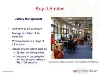 Key ILS roles
      Library Management


•   Add items to the catalogue
•   Manage circulation of the
    collection
•   Provide access to a range of
    information
•   Access system reports such as
     – Student borrowing habits
     – Hotspots in the collection
       for further purchasing –
       Top 100 authors              http://schools.natlib.govt.nz/node/149/Library%20interior%20design
 