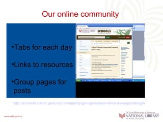 Our online community



•Tabs for each day

•Links to resources

•Group pages for
 posts
http://schools.natlib.govt.nz/community/groups/school-libraries-supporting-learning-sls
 