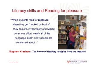 Literacy skills and Reading for pleasure

 “When students read for pleasure,
  when they get “hooked on books”,
   they acquire, involuntarily and without
    conscious effort, nearly all of the
    “language skills” many people are
      concerned about…”


Stephen Krashen - The Power of Reading :insights from the research
 
