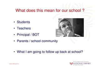 What does this mean for our school ?

• Students
• Teachers
• Principal / BOT
• Parents / school community


• What I am going to follow up back at school?
 