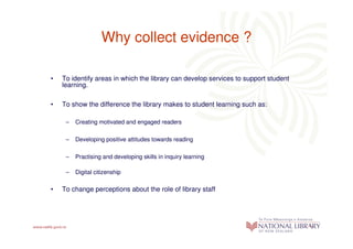 Why collect evidence ?

•   To identify areas in which the library can develop services to support student
    learning.

•   To show the difference the library makes to student learning such as:

     –   Creating motivated and engaged readers

     –   Developing positive attitudes towards reading

     –   Practising and developing skills in inquiry learning

     –   Digital citizenship

•   To change perceptions about the role of library staff
 