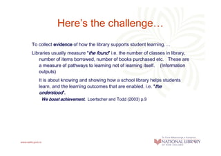 Here’s the challenge…
To collect evidence of how the library supports student learning….
                               found”
Libraries usually measure “the found” i.e. the number of classes in library,
    number of items borrowed, number of books purchased etc. These are
    a measure of pathways to learning not of learning itself. (Information
    outputs)
   It is about knowing and showing how a school library helps students
   learn, and the learning outcomes that are enabled, i.e. “the
   understood”
   understood”.
    We boost achievement. Loertscher and Todd (2003) p.9
 