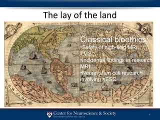The lay of the land Classical bioethics: Safety of high-field MRI, TMS… Incidental findings in research MRI Neural stem cell research involving hESC 