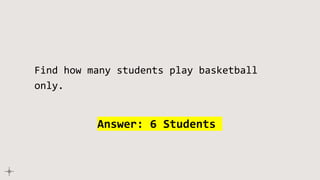 Find how many students play basketball
only.
Answer: 6 Students
 