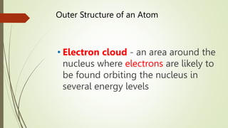 Outer Structure of an Atom
• Electron cloud - an area around the
nucleus where electrons are likely to
be found orbiting the nucleus in
several energy levels
 