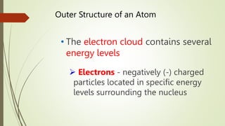 Outer Structure of an Atom
• The electron cloud contains several
energy levels
 Electrons - negatively (-) charged
particles located in specific energy
levels surrounding the nucleus
 