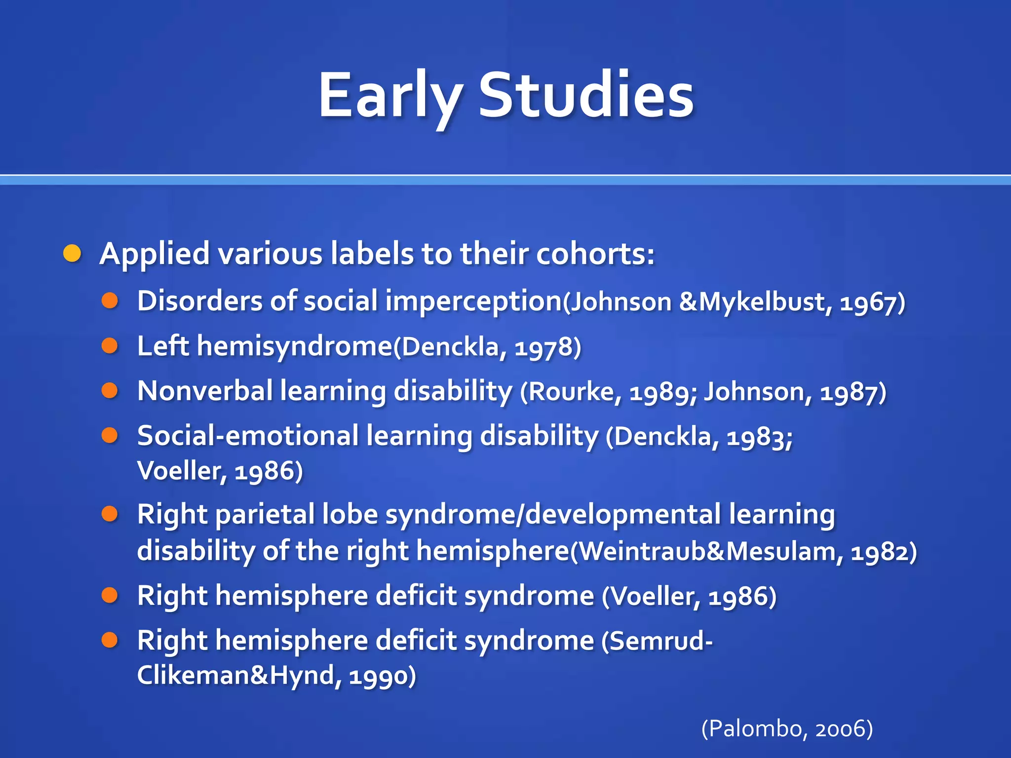 Early StudiesApplied various labels to their cohorts:Disorders of social imperception(Johnson & Mykelbust, 1967)Left hemisyndrome(Denckla, 1978)Nonverbal learning disability (Rourke, 1989; Johnson, 1987)Social-emotional learning disability (Denckla, 1983; Voeller, 1986)Right parietal lobe syndrome/developmental learning disability of the right hemisphere(Weintraub & Mesulam, 1982)Right hemisphere deficit syndrome (Voeller, 1986)Right hemisphere deficit syndrome (Semrud-Clikeman & Hynd, 1990)(Palombo, 2006)