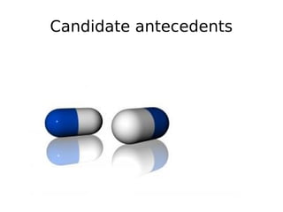 Candidate antecedents
Pronominal
Number agreement
(lexical number
and coodinative
structures)
 