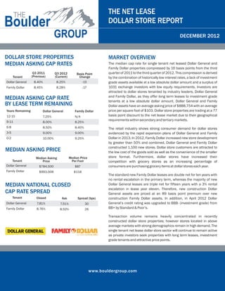 THE NET LEASE
                                                                       DOLLAR STORE REPORT
                                                                                                                        DECEMBER 2012



DOLLAR STORE PROPERTIES                                                MARKET OVERVIEW
MEDIAN ASKING CAP RATES                                                The median cap rate for single tenant net leased Dollar General and
                                                                       Family Dollar properties compressed by 16 basis points from the third
                   Q3 2011         Q3 2012          Basis Point        quarter of 2011 to the third quarter of 2012. This compression is derived
      Tenant      (Previous)       (Current)         Change            by the combination of historically low interest rates, a lack of investment
Dollar General     8.40%            8.25%                -15           grade assets available at a low absolute dollar amount and a surplus of
Family Dollar      8.45%            8.28%                -17           1031 exchange investors with low equity requirements. Investors are
                                                                       attracted to dollar stores tenanted by industry leaders, Dollar General
                                                                       and Family Dollar, as they offer long term leases to investment grade
MEDIAN ASKING CAP RATE                                                 tenants at a low absolute dollar amount. Dollar General and Family
BY LEASE TERM REMAINING                                                Dollar assets have an average asking price of $888,754 with an average
Years Remaining           Dollar General          Family Dollar        price per square foot of $103. Dollar store properties are trading at a 77
12-15                     7.25%                   N/A                  basis point discount to the net lease market due to their geographical
9-11
                                                                       requirements within secondary and tertiary markets.
                          8.00%                   8.25%
6-8                       8.50%                   8.40%                The retail industry shows strong consumer demand for dollar stores
3-5                       9.00%                   9.00%                evidenced by the rapid expansion plans of Dollar General and Family
0-2                       10.00%                  9.25%                Dollar in 2013. In 2012, Family Dollar increased new store development
                                                                       by greater than 50% and combined, Dollar General and Family Dollar
                                                                       constructed 1,100 new stores. Dollar store customers are attracted to
MEDIAN ASKING PRICE                                                    the low cost of the goods sold as well as the convenience of the smaller
                     Median Asking             Median Price            store format. Furthermore, dollar stores have increased their
    Tenant               Price                  Per Foot               competition with grocery stores as an increasing percentage of
Dollar General         $784,500                   $87                  consumers are purchasing grocery items at dollar stores each year.
Family Dollar          $993,008                   $118
                                                                       The standard new Family Dollar leases are double net for ten years with
                                                                       no rental escalation in the primary term, whereas the majority of new
MEDIAN NATIONAL CLOSED                                                 Dollar General leases are triple net for fifteen years with a 3% rental
                                                                       escalation in lease year eleven. Therefore, new construction Dollar
CAP RATE SPREAD                                                        General assets are priced at an 89 basis point premium over new
      Tenant         Closed             Ask         Spread (bps)       construction Family Dollar assets. In addition, in April 2012 Dollar
Dollar General       7.81%            7.51%               30           General’s credit rating was upgraded to BBB- (investment grade) from
Family Dollar        8.76%            8.50%               26           BB+ by Standard & Poor’s.

                                                                       Transaction volume remains heavily concentrated in recently
                                                                       constructed dollar store properties; however stores located in above
                                                                       average markets with strong demographics remain in high demand. The
                                                                       single tenant net lease dollar store sector will continue to remain active
                                                                       as private investors seek properties with long term leases, investment
                                                                       grade tenants and attractive price points.




                                                               www.bouldergroup.com
 
