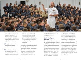 contextualize past experience to
enable the application of new
learning to future assignments,
cultivate adaptive leader abilities,
and provide methods for exploring
and addressing unknowns.

Navy and personal values, and
contributes to lifelong learning,
diversity of thought, and moral
growth. Personal development also
includes performance evaluation,
coaching, counseling, and
mentoring.

Training develops role-specific
leadership skills and builds
confidence and competence.

Integration of these four core elements
provides a benefit unavailable from
each element operating independently.
Ultimately, this outcomes-led
integration provides a career-long
leader development experience,
unified in purpose and content, but

Personal development focuses attention
on individual strengths and
weaknesses, enables personal
evaluation, furthers reflection on

8

at different times and in different
contexts, reflecting the experience
level of the Sailor. Achieving these
outcomes is accomplished by
capitalizing on – and ensuring the
alignment of – existing Navy training
courses, education opportunities,
assignment experiences, and personaldevelopment activities. The outcomes
are rooted in foundational Navy
documents such as the Oath of Office/
Enlistment, Navy Regulations, Navy Core
Values, the Navy Ethos, the Charge of
Command, the Sailors Creed, and the Chief
Petty Officer Creed.

also flexible and responsive to our
changing environment.

Leader Development
Outcomes
Navy leader development outcomes
are the character attributes, behaviors,
and skills expected of Navy leaders.
Defined for specific career transition
points, the outcomes reflect
increasingly complex applications of
leadership principles as the scope of
a Sailor’s responsibility grows. This
alignment with career milestones
recognizes that different outcomes
are best learned and demonstrated

9

 