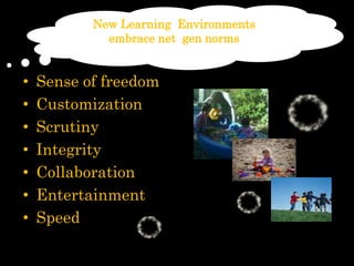 New LearningEnvironmentsembracenet  gen normsSense of freedom CustomizationScrutinyIntegrityCollaborationEntertainmentSpeed 