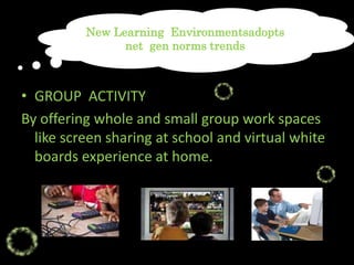 GROUP  ACTIVITYByofferingwhole and smallgroupworkspaceslikescreensharing at school and virtual whiteboardsexperience at home.New LearningEnvironmentsadoptsnet  gen normstrends