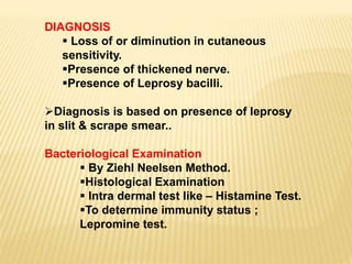 DIAGNOSIS
 Loss of or diminution in cutaneous
sensitivity.
Presence of thickened nerve.
Presence of Leprosy bacilli.
Diagnosis is based on presence of leprosy
in slit & scrape smear..
Bacteriological Examination
 By Ziehl Neelsen Method.
Histological Examination
 Intra dermal test like – Histamine Test.
To determine immunity status ;
Lepromine test.
 