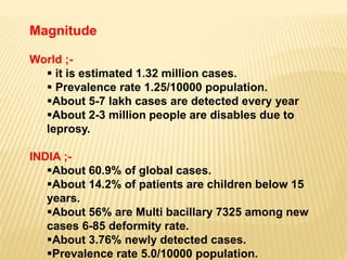 Magnitude
World ;-
 it is estimated 1.32 million cases.
 Prevalence rate 1.25/10000 population.
About 5-7 lakh cases are detected every year
About 2-3 million people are disables due to
leprosy.
INDIA ;-
About 60.9% of global cases.
About 14.2% of patients are children below 15
years.
About 56% are Multi bacillary 7325 among new
cases 6-85 deformity rate.
About 3.76% newly detected cases.
Prevalence rate 5.0/10000 population.
 