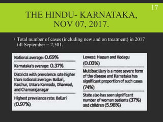 THE HINDU- KARNATAKA,
NOV 07, 2017.
17
 Total number of cases (including new and on treatment) in 2017
till September = 2,501.
 