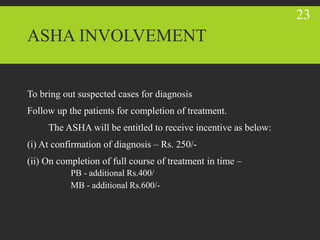 ASHA INVOLVEMENT
To bring out suspected cases for diagnosis
Follow up the patients for completion of treatment.
The ASHA will be entitled to receive incentive as below:
(i) At confirmation of diagnosis – Rs. 250/-
(ii) On completion of full course of treatment in time –
PB - additional Rs.400/
MB - additional Rs.600/-
23
 