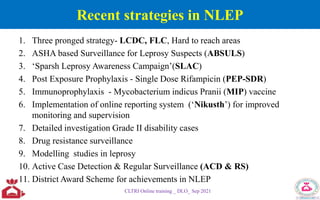 Recent strategies in NLEP
1. Three pronged strategy- LCDC, FLC, Hard to reach areas
2. ASHA based Surveillance for Leprosy Suspects (ABSULS)
3. ‘Sparsh Leprosy Awareness Campaign’(SLAC)
4. Post Exposure Prophylaxis - Single Dose Rifampicin (PEP-SDR)
5. Immunoprophylaxis - Mycobacterium indicus Pranii (MIP) vaccine
6. Implementation of online reporting system (‘Nikusth’) for improved
monitoring and supervision
7. Detailed investigation Grade II disability cases
8. Drug resistance surveillance
9. Modelling studies in leprosy
10. Active Case Detection & Regular Surveillance (ACD & RS)
11. District Award Scheme for achievements in NLEP
CLTRI Online training _ DLO_ Sep 2021
 