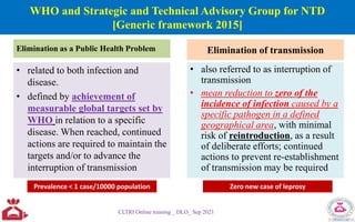 WHO and Strategic and Technical Advisory Group for NTD
[Generic framework 2015]
Elimination as a Public Health Problem
• related to both infection and
disease.
• defined by achievement of
measurable global targets set by
WHO in relation to a specific
disease. When reached, continued
actions are required to maintain the
targets and/or to advance the
interruption of transmission
Elimination of transmission
• also referred to as interruption of
transmission
• mean reduction to zero of the
incidence of infection caused by a
specific pathogen in a defined
geographical area, with minimal
risk of reintroduction, as a result
of deliberate efforts; continued
actions to prevent re-establishment
of transmission may be required
CLTRI Online training _ DLO_ Sep 2021
Prevalence < 1 case/10000 population Zero new case of leprosy
 