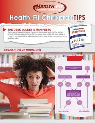 Health-Fit ChiropracTIPSJune 2016
THE DESK JOCKEY’S MANIFESTO
We are extremely excited about the soon to be released book that the doctors
of Health-Fit have collaborated on for the modern desk worker. This book will be a
thorough, but easy to follow guide for anyone who works on the computer and sits at a
desk for a living.
HEADACHES VS MIGRAINES
 