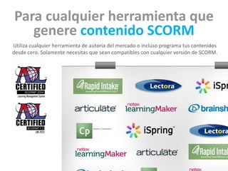 Para cualquier herramienta que 
genere contenido SCORM 
Utiliza cualquier herramienta de autoría del mercado o incluso programa tus contenidos 
desde cero. Solamente necesitas que sean compatibles con cualquier versión de SCORM. 
 