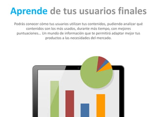 Aprende de tus usuarios finales 
Podrás conocer cómo tus usuarios utilizan tus contenidos, pudiendo analizar qué 
contenidos son los más usados, durante más tiempo, con mejores 
puntuaciones… Un mundo de información que te permitirá adaptar mejor tus 
productos a las necesidades del mercado. 
 