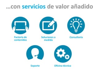 …con servicios de valor añadido 
Soluciones a 
medida 
Soporte Oficina técnica 
Factoría de 
contenidos 
Consultoría 
 